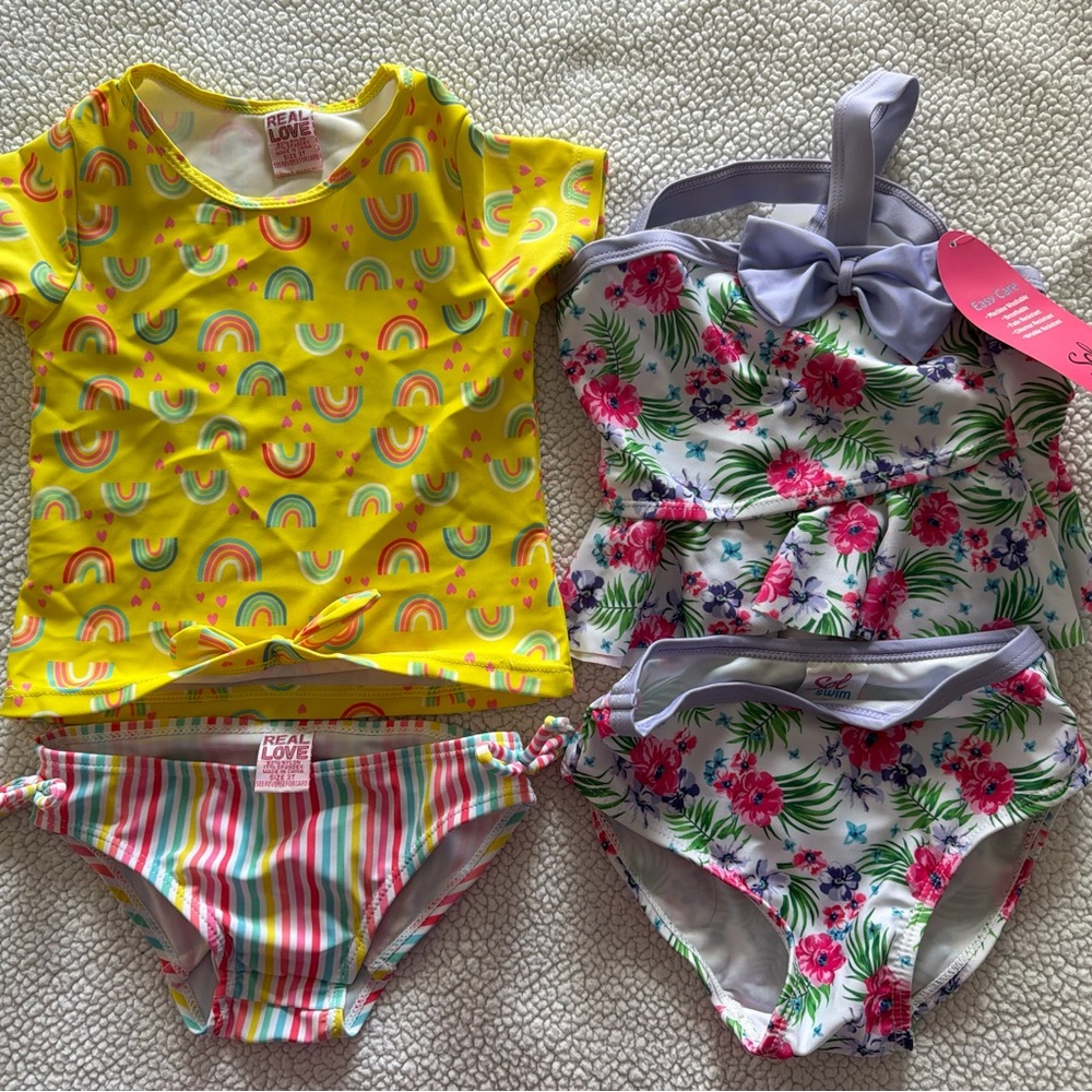 Girls' Yellow Rainbow Rash Guard & Floral Two-Piece Swim Set